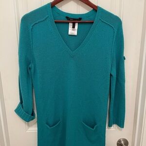 BCBGMAXAZRIA Womens Teal V-Neck Sweater S‎ Dress With Pockets 70% Wool 30% Yak
